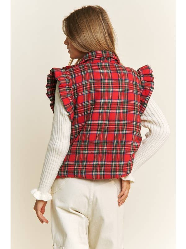 RED EVERYDAY PLAID PUFF ZIP UP VEST JACKET with ARMHOL for wholesale on Faire8