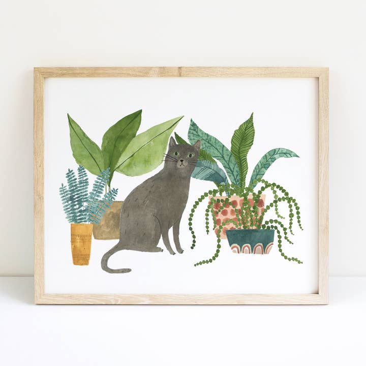 Cat and Houseplants Giclée print for wholesale by In My Backyard