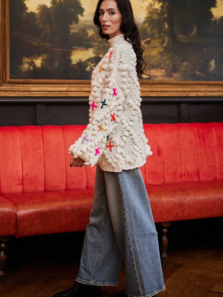 ANGELEYE - Wholesale Cardigan - Women's - Cream Oversized Cardigan With Rainbow Stitch Detail