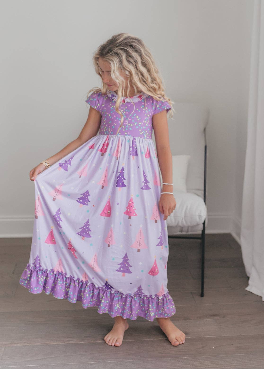 Oopsie Daisy - Wholesale Nightdress - Kids - Girls Purple Christmas Tree Holiday Ruffle Lounge Play Gown3