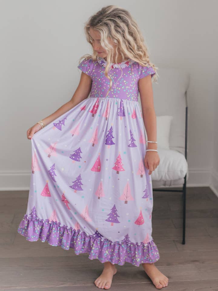 Oopsie Daisy - Wholesale Nightdress - Kids - Girls Purple Christmas Tree Holiday Ruffle Lounge Play Gown3