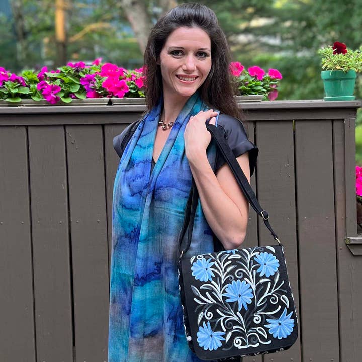 Rayz Intl - Wholesale Messenger Bag - Women's - Handmade Black and Blue Suede Embroidered Messenger Bag