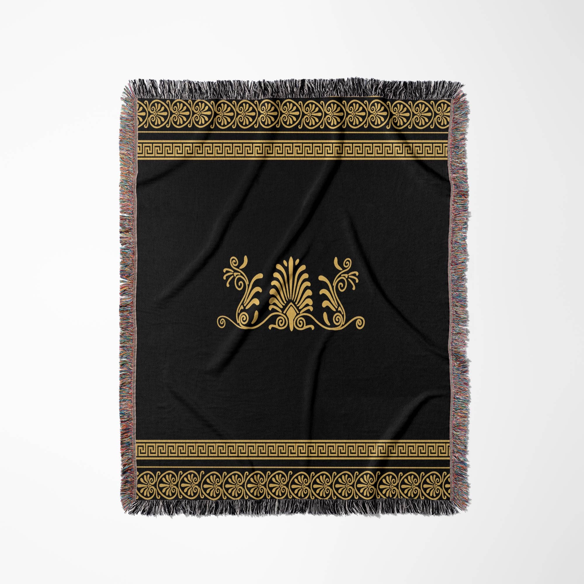 3dRose - Wholesale Throw Blanket - 3dRose, Golden Yellow and Black Ancient Greek Decorative Spirals and Palm Leaves - Classic Grecian Key, Blanket0