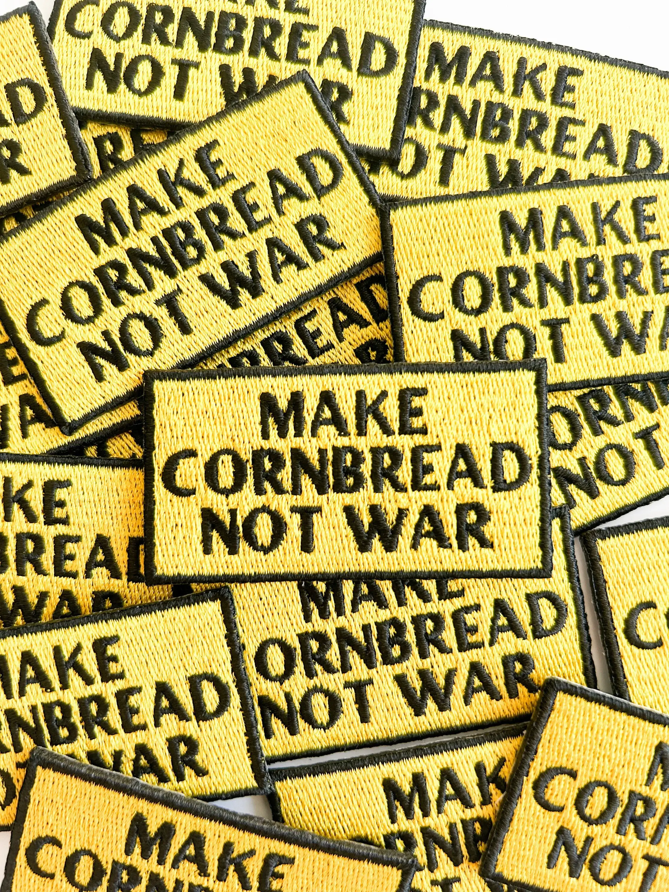 Field Trip Threads - Wholesale Patch - Embroidered "Make Cornbread Not War" Iron-on Sew-on Patch1