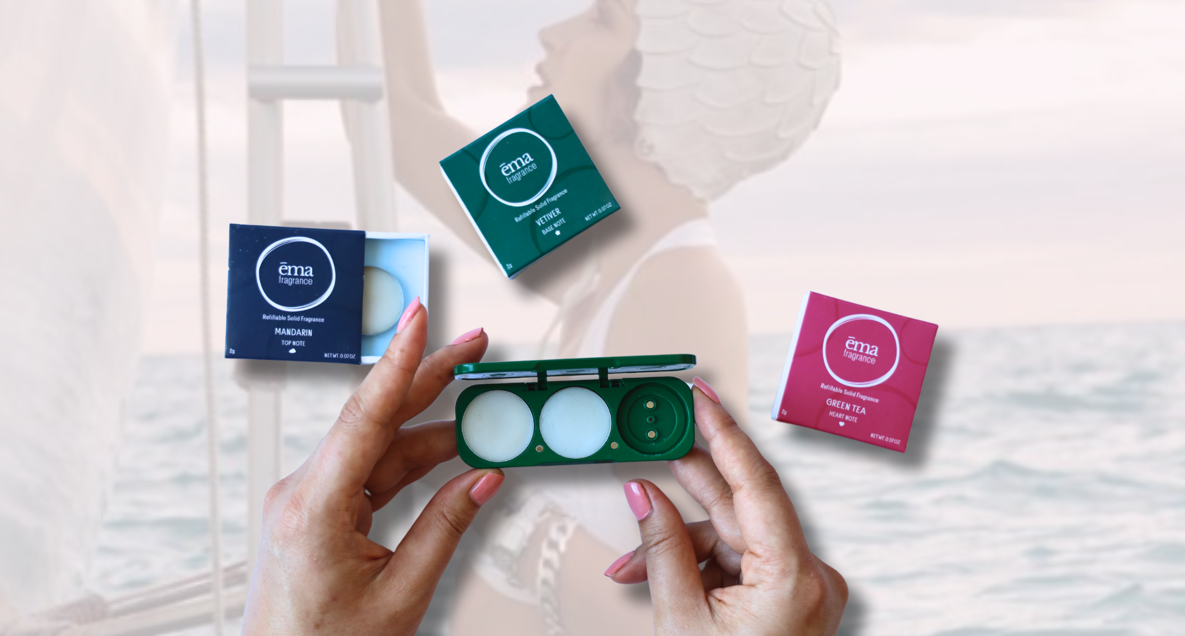 ēma fragrance - Wholesale Solid Perfume - Invigorating Set: Refillable Compact + 3 Fragrance Pods3