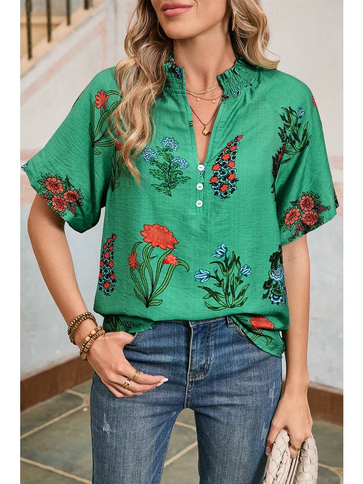 Bright Green Floral Buttoned V-Neck Summer Blouse for wholesale on Faire