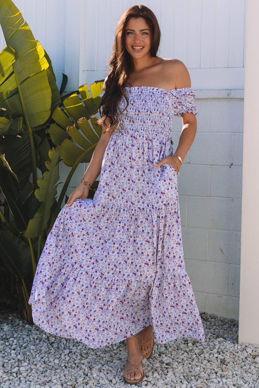 Babs + Birdie - Wholesale Dress - Women's - Shaylan | Floral Bubble Sleeve Shirred High Waist Maxi Dress8