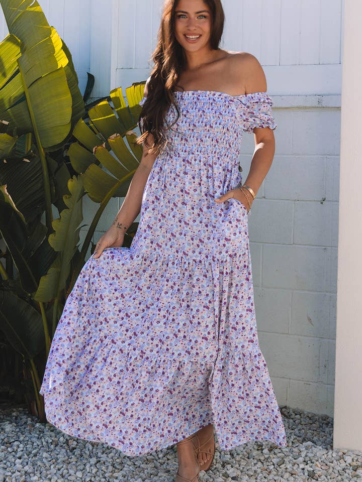 Babs + Birdie - Wholesale Dress - Women's - Shaylan | Floral Bubble Sleeve Shirred High Waist Maxi Dress8