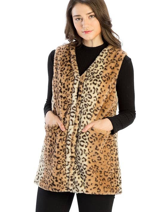 Animal Print Leopard Fur Vest with Pocket for wholesale by Suzie Q USA