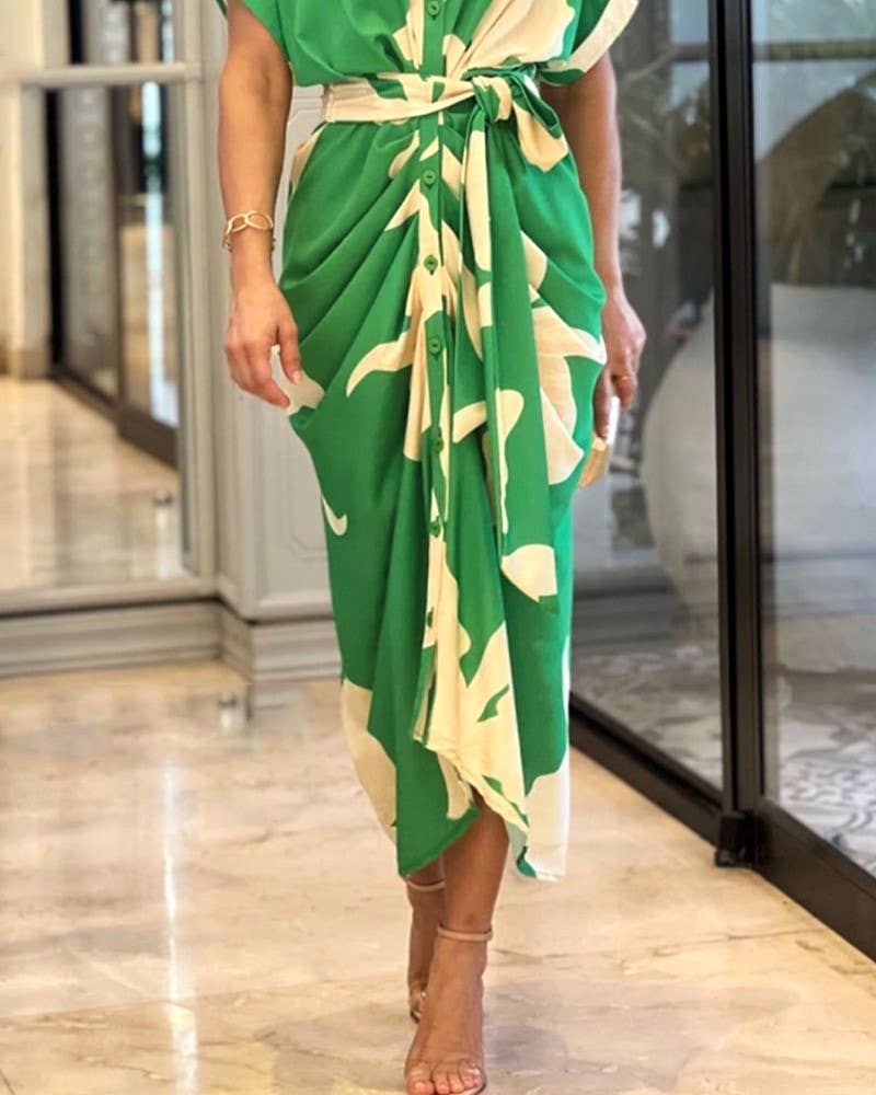 HIDDENBRAND - Wholesale Dress - Women's - Fashion Print High-Waisted Jump-Sleeved Shirt Dress3