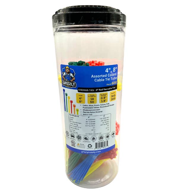 Tube de colliers de serrage de couleurs assorties - 4" 18lb, 8" 50lb (605 pièces) pour la vente par Grizzly Supply