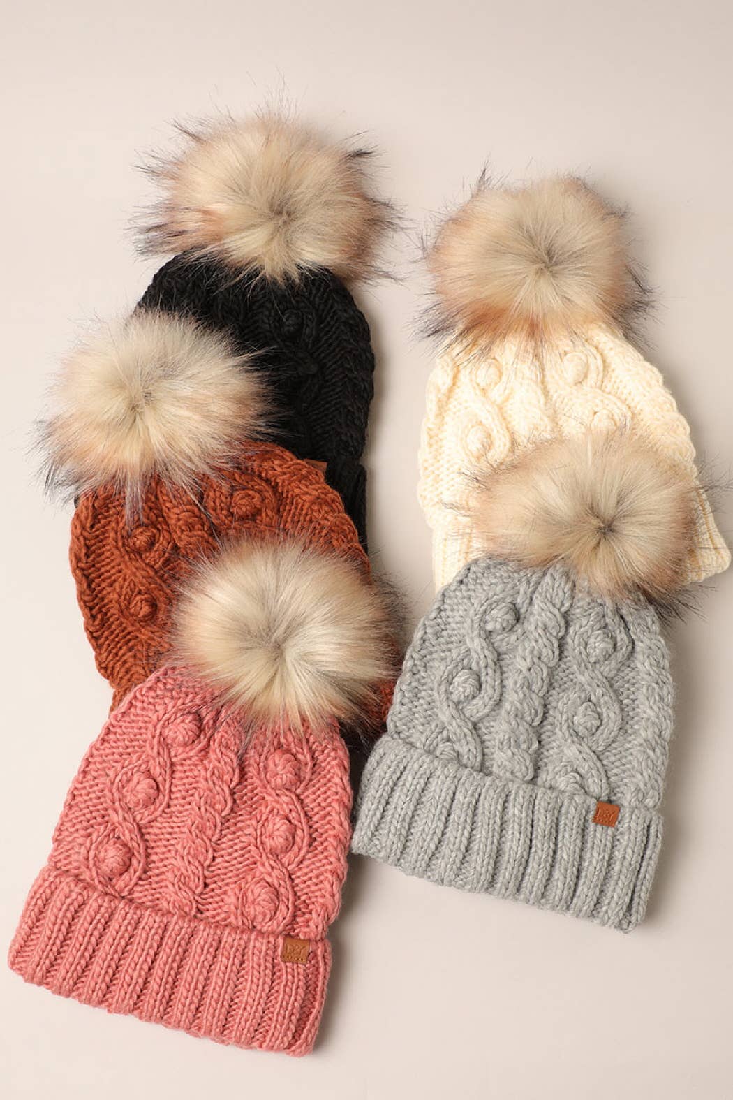 Fashion City - Wholesale Beanie - Women's - Popcorn Trim Knit Beanie w Faux Fur Pom10