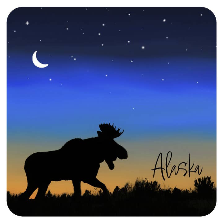 Moose in Twilight Sky Alaska or Your Name Drop Stone Coaster for wholesale by Noomoon
