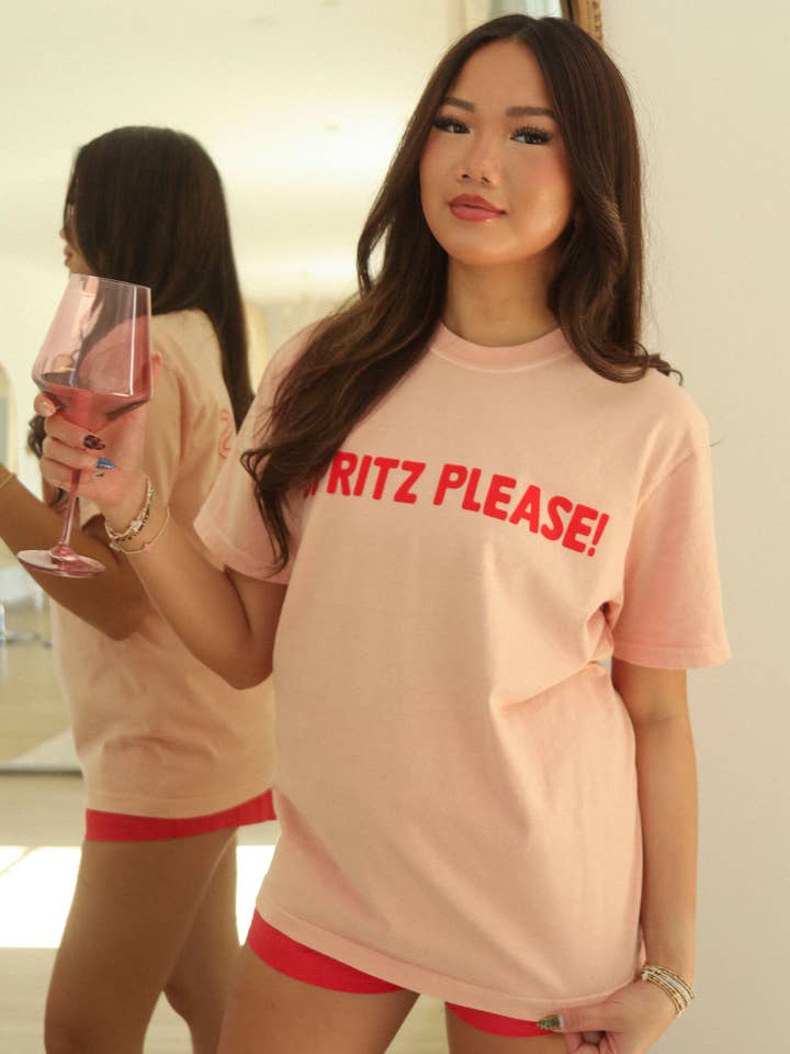 FRIDAY + SATURDAY - Wholesale Screen Printed T-Shirt - Women's - Hugs & Spritzes T-Shirt (FRONT + BACK)