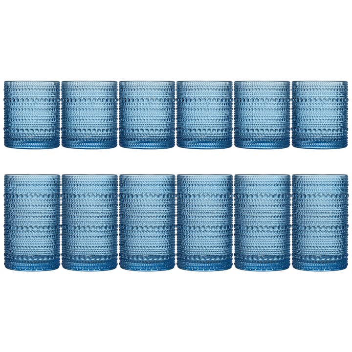 The Wine Savant / Khen Glassware - Wholesale Cocktail/Liquor Glass - Blue Hobnail Glasses, 12 Set, 6x Low 11OZ + 6x High 12OZ