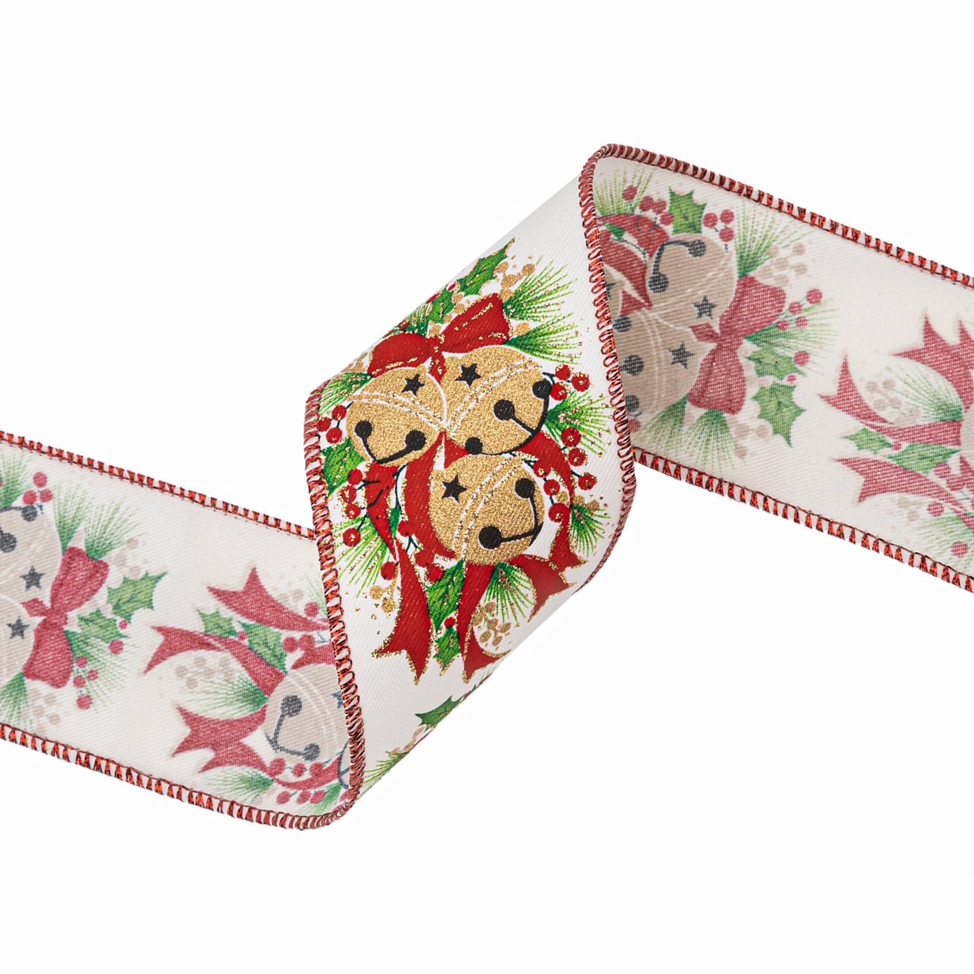 LA Ribbons Wholesale – fita para embrulhar presentes por atacado – Fita de Natal com Arame 2 1/2" | Sinos Brancos c/ Azevinho | Rolo de 10 Jardas3