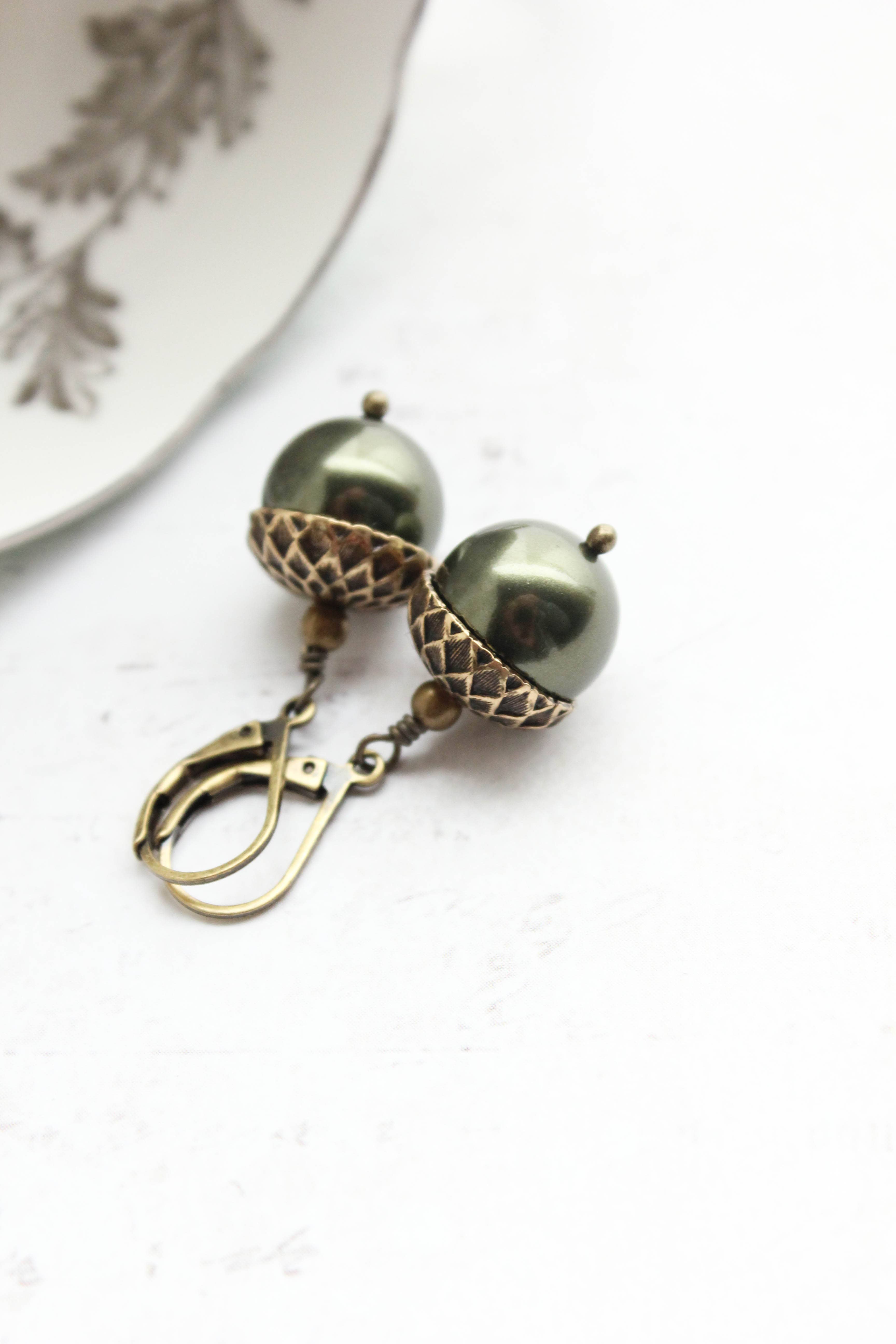 A Pocket of Posies - Wholesale Dangle Earrings - Pearl Acorn Earrings (21 Colors) - ANTIQUED BRASS7