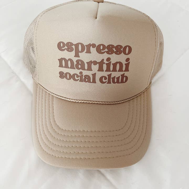 Espresso Martini Social Club Trucker Hat - Tan and other Purchase Wholesale foam baseballs. Free Returns & Net 60 Terms on Faire trending on Faire.