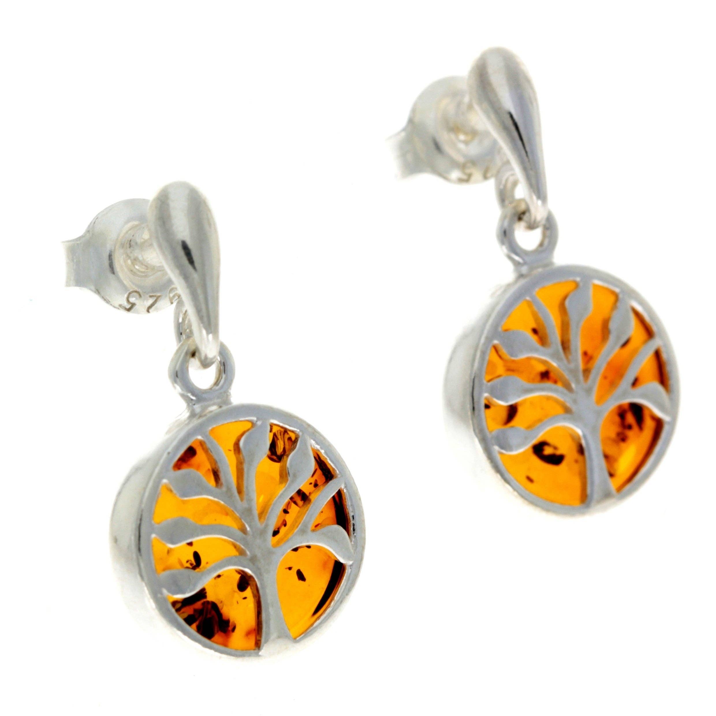 SilverAmber Jewellery – wholesale Dangle earrings – 925 Sterling Silver & Genuine Baltic Amber Tree of Life Drop Studs Earrings - GL10043