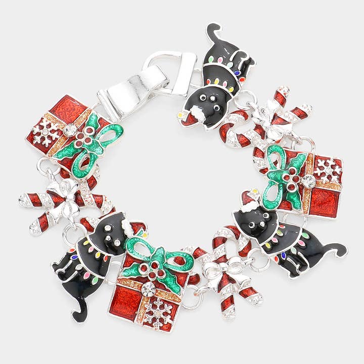 Sensibling Corp. - Wholesale Charm/Dangle Bracelet - Glittered Christmas Gift Candy Cane Cat Link Magnetic Bracelet