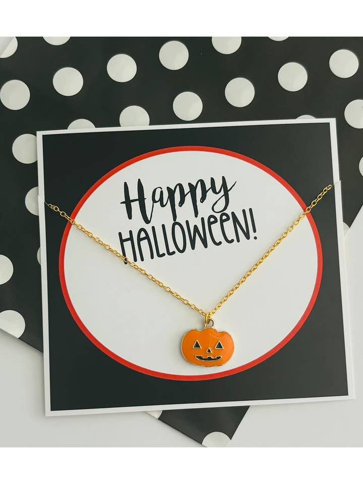 Happy Halloween Pumpkin Gift Necklace On Stationary Card for wholesale by Peddle Your Paper