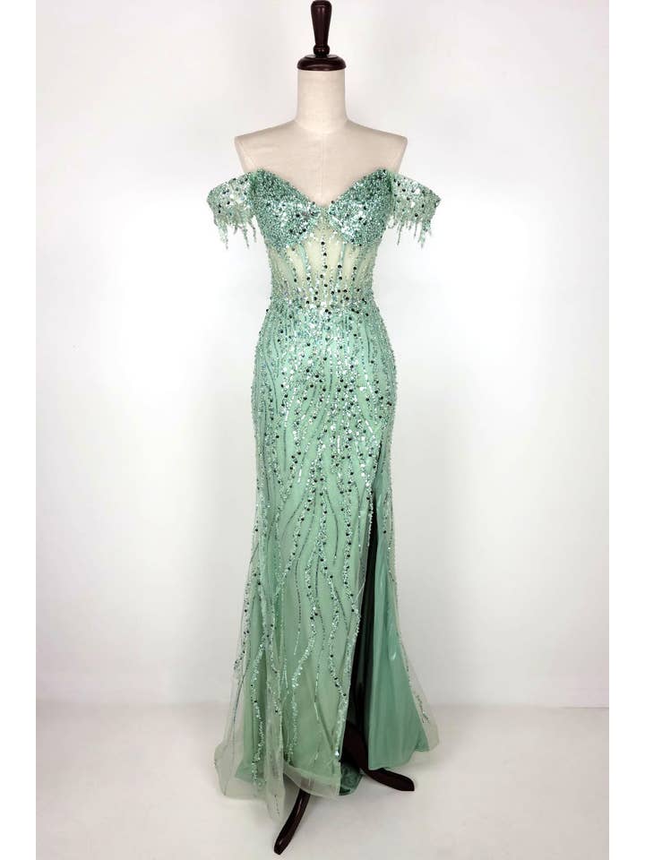 Chicas - Wholesale Gown - Women's - Off the Shoulder Sequin and Bead Long Dress C3318