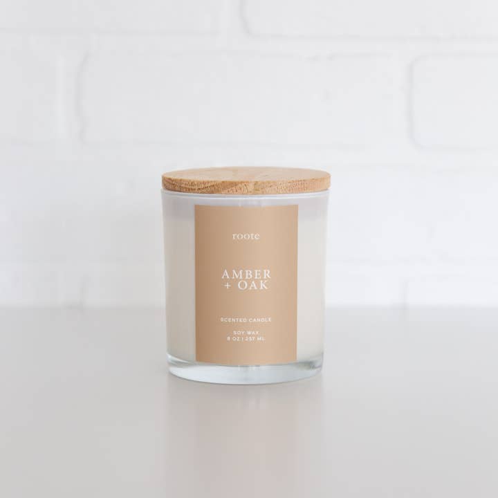roote - Wholesale Jar/Filled Candle - Amber Oak Soy Wax Scented Candle White Tumbler Jar