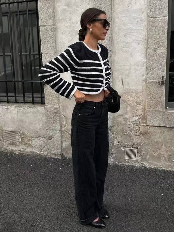 Lark & Lily Boutique - Wholesale Cardigan - Women's - Round Neck Striped Buckle Cardigan