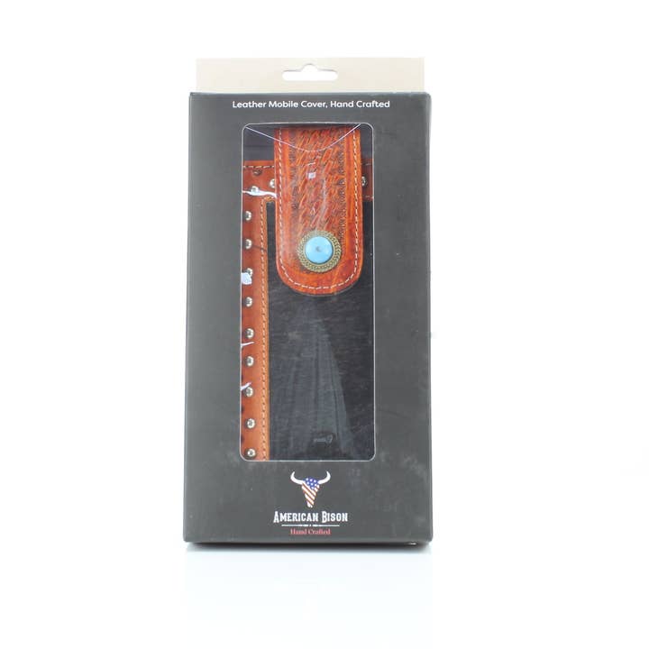Leather Impressions Inc – wholesale Telefonfodral - Unisex – Telefonfodral med hår på gömt bälte med turkos klaff över stängning3