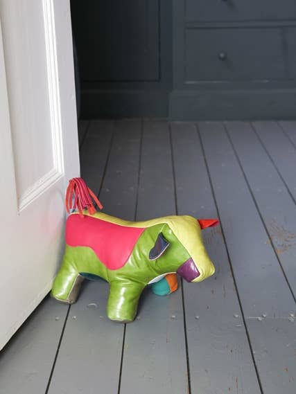 Leather Doorstop | Multi Patchwork | Cow Doorstop for wholesale by Owen Barry Ltd