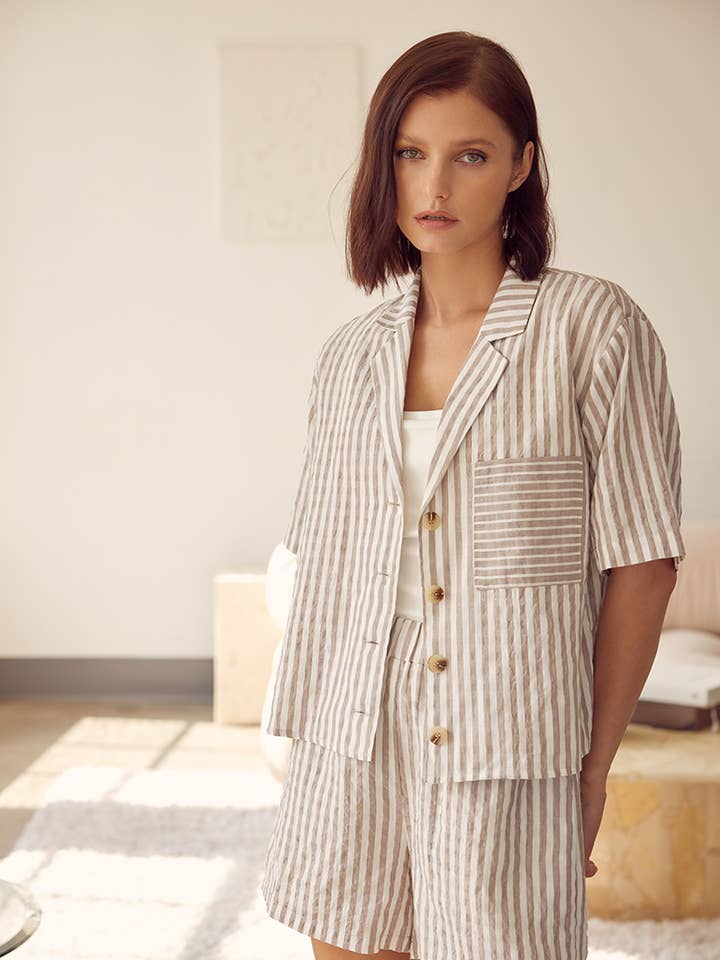 RESORT CHIC NEUTRAL STRIPE BUTTON UP SHIRT TOP-TI5393FO for wholesale by Fore Collection