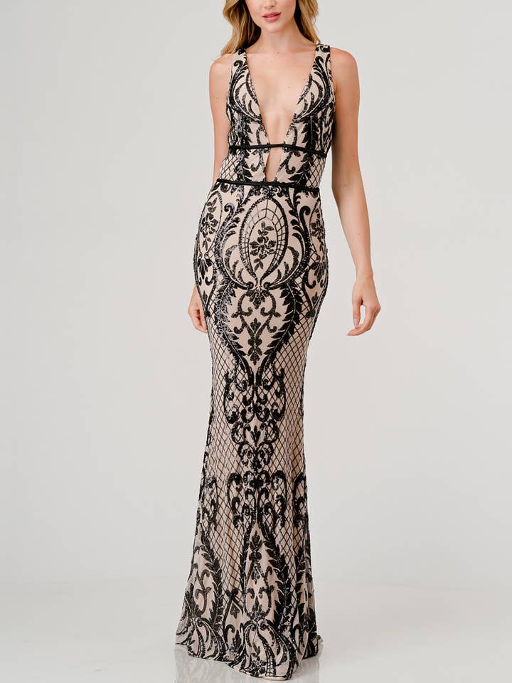 Lovesome - Wholesale Gown - Women's - CD40911: SEQUIN PLUNGING V-NECK MERMAID MAXI DRESS