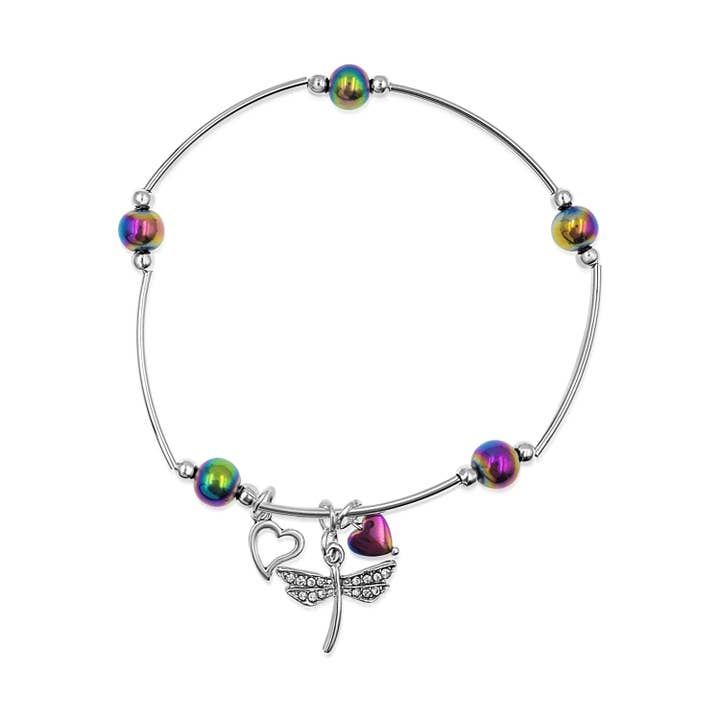 Bracelet de cheville en pierre hématite arc-en-ciel en forme de libellule et perles tubulaires pour la vente par BESHEEK JEWELRY