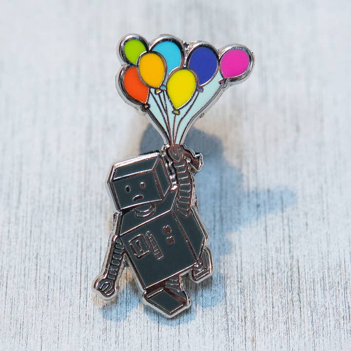 Enamel Pin: Robot with Balloons, 1.25" for wholesale by Inky Mess Press