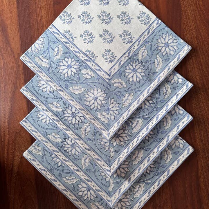 Border Napkins, Sky Blue and Beau Blue Cotton Napkins for wholesale by Fabricrush