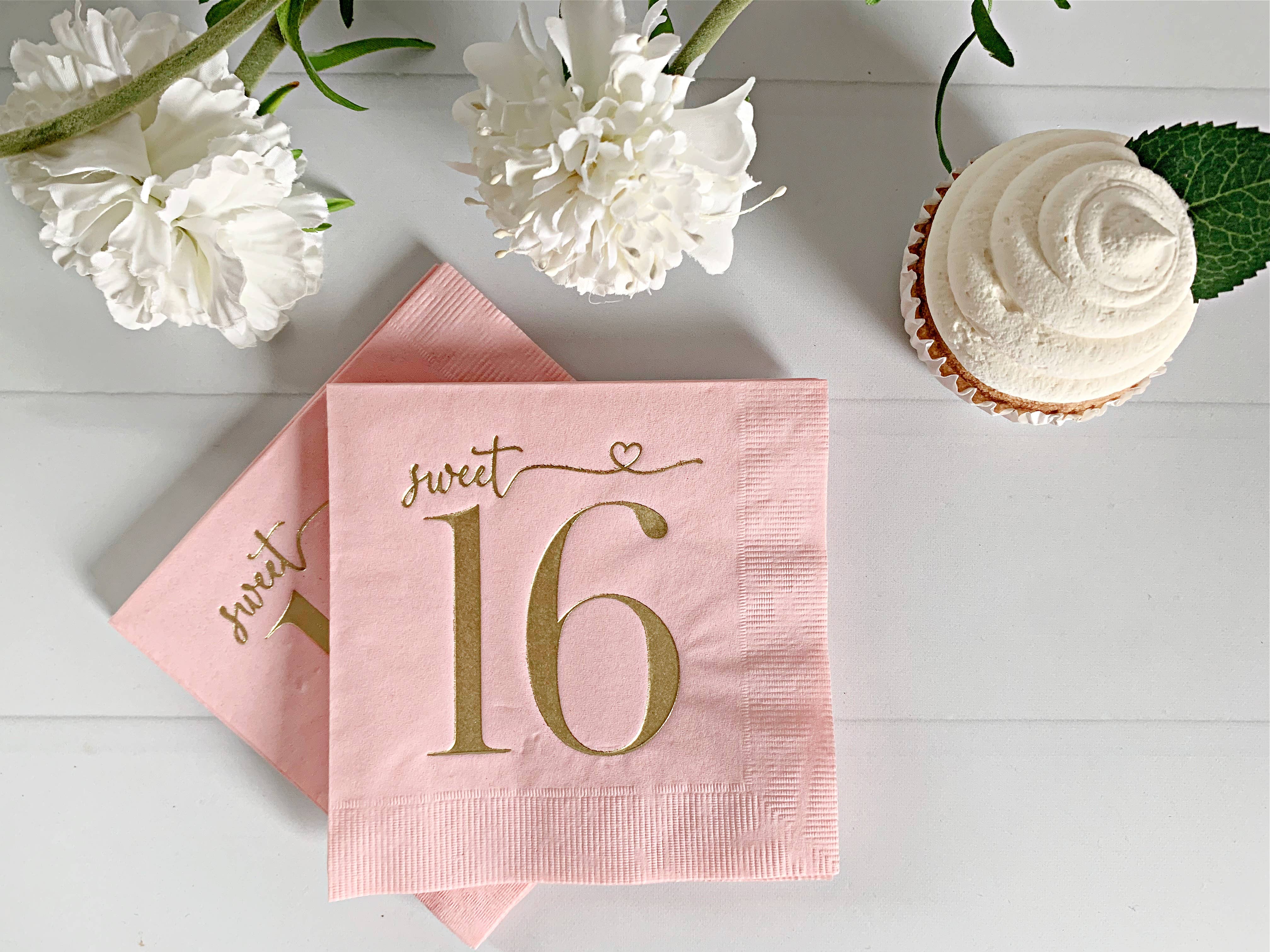 EnFete, LLC - Wholesale Disposable Napkin - Sweet 16 Blush Pink Birthday Cocktail Napkins | Set of 160