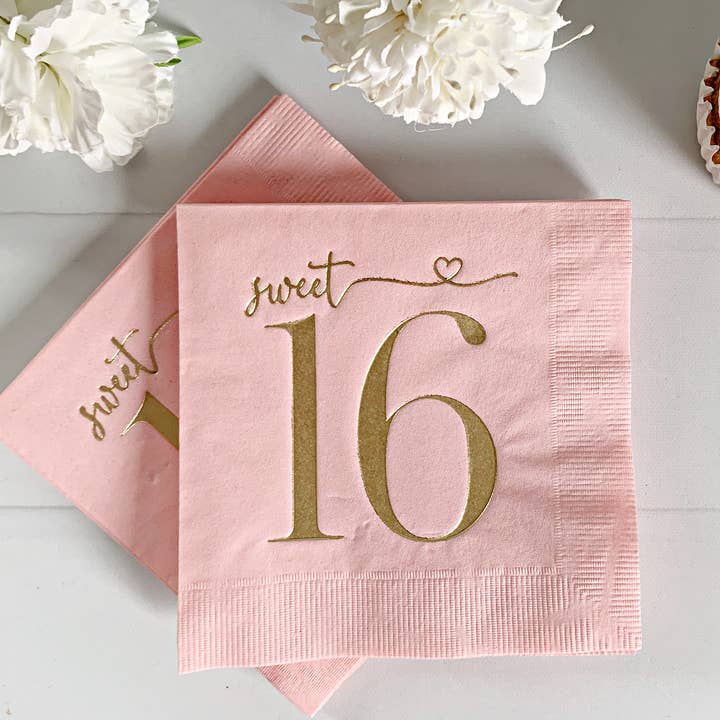 EnFete, LLC - Wholesale Disposable Napkin - Sweet 16 Blush Pink Birthday Cocktail Napkins | Set of 160
