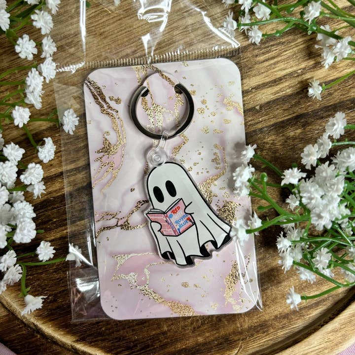 Ghost Reading Red White and Royal Blue Keychain for wholesale by Awfullynerdy.co