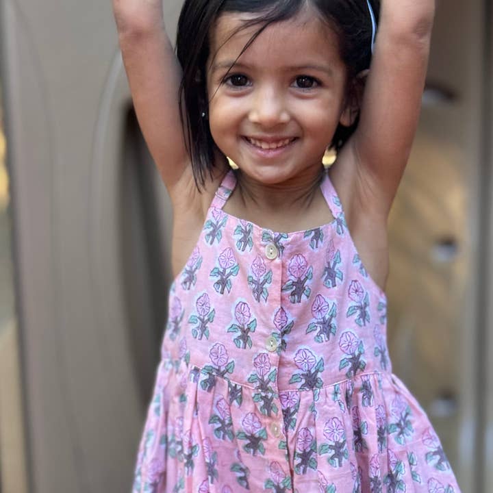 Girls' Block Printed Floral Pink Strap Dress for wholesale by Meerahi
