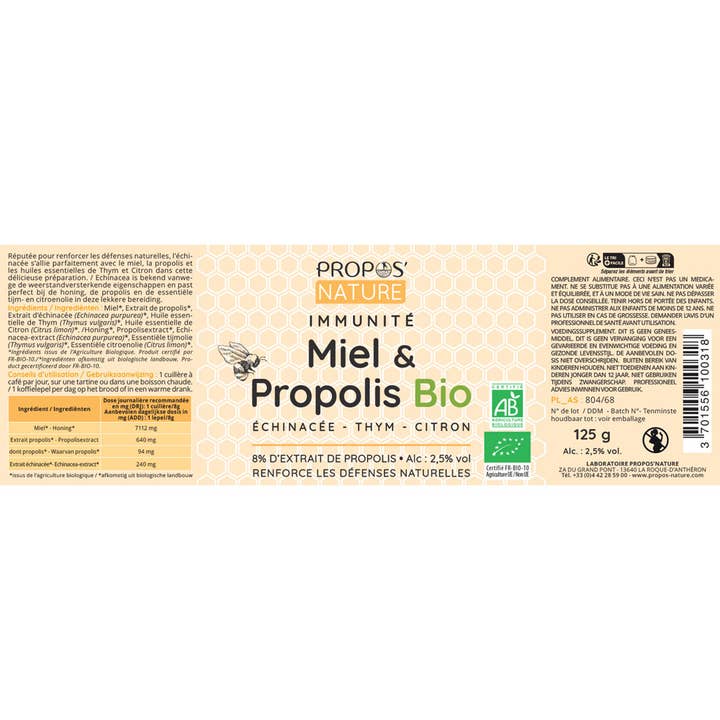 Propos'Nature - Venta al por mayor Suplementos/vitaminas para beber - Mezcla Inmunidad Bio - Miel Propóleo Tomillo Limón - 125g