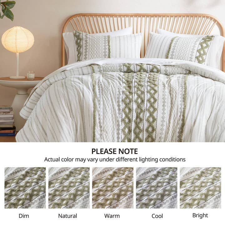 Olliix - Wholesale Bedding Set - 3pc Aztec Print Tufted Chenille Comforter Set, Sage/Ivory16