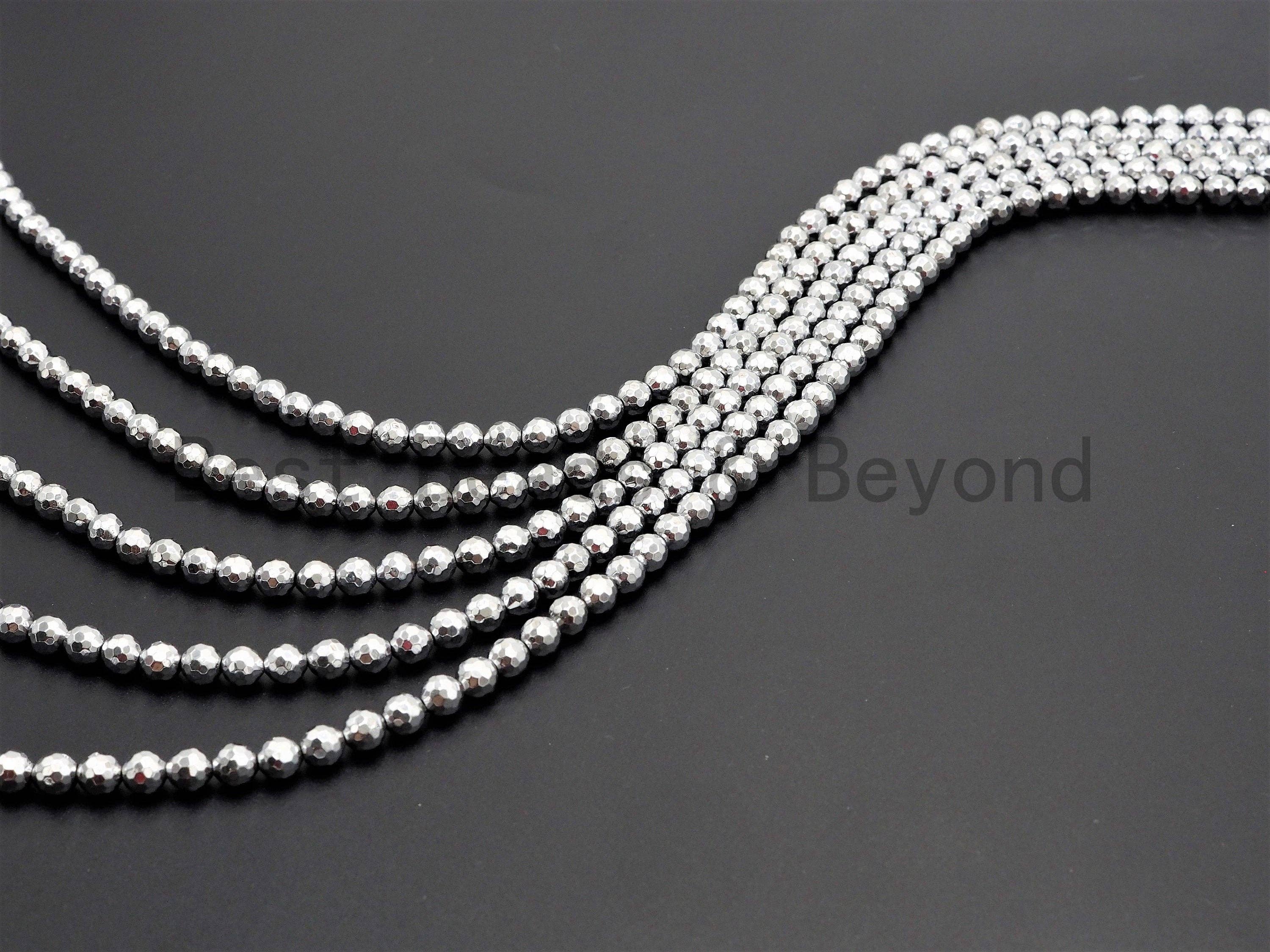 BestBeads&Beyond - Wholesale Beads - Natural Silver Hematite Beads-2mm/3mm/4mm/6mm/8mm/10mm/12mm Round Faceted Gemstone Beads-15inch Fullstrand-Metallic silver Beads, SKU#S1181