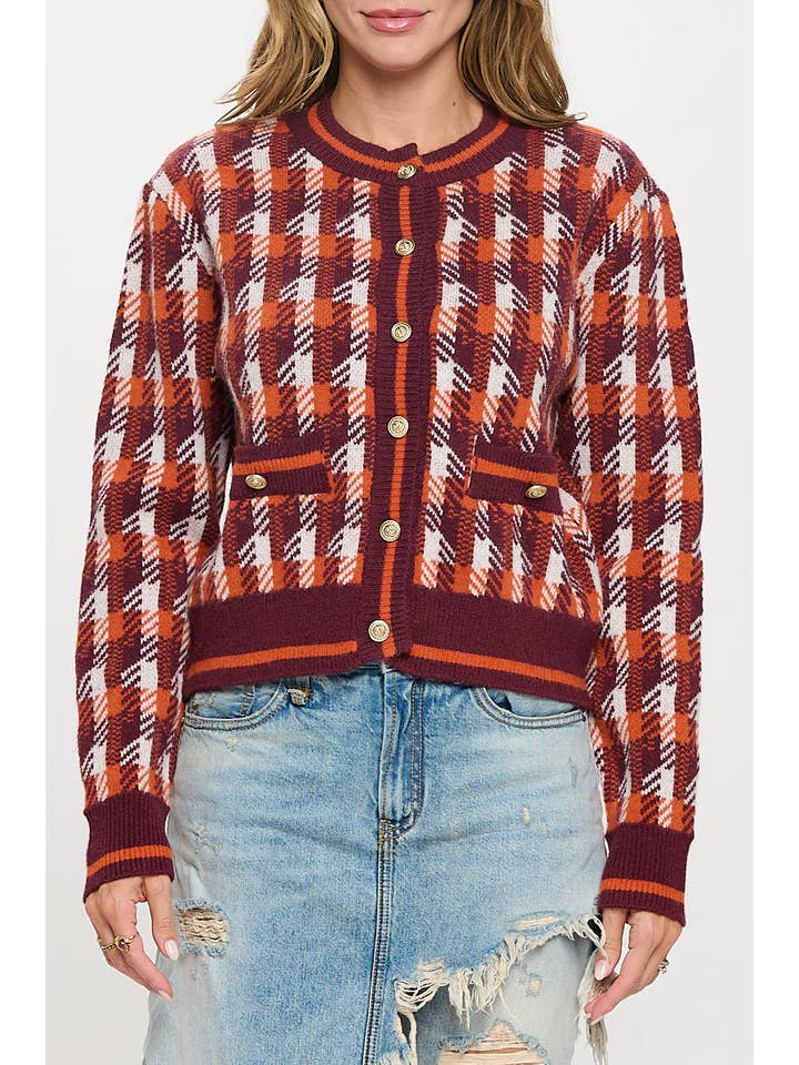 Rust Abstract Plaid Tweed Print Long Sleeve Cardigan with Button for wholesale on Faire