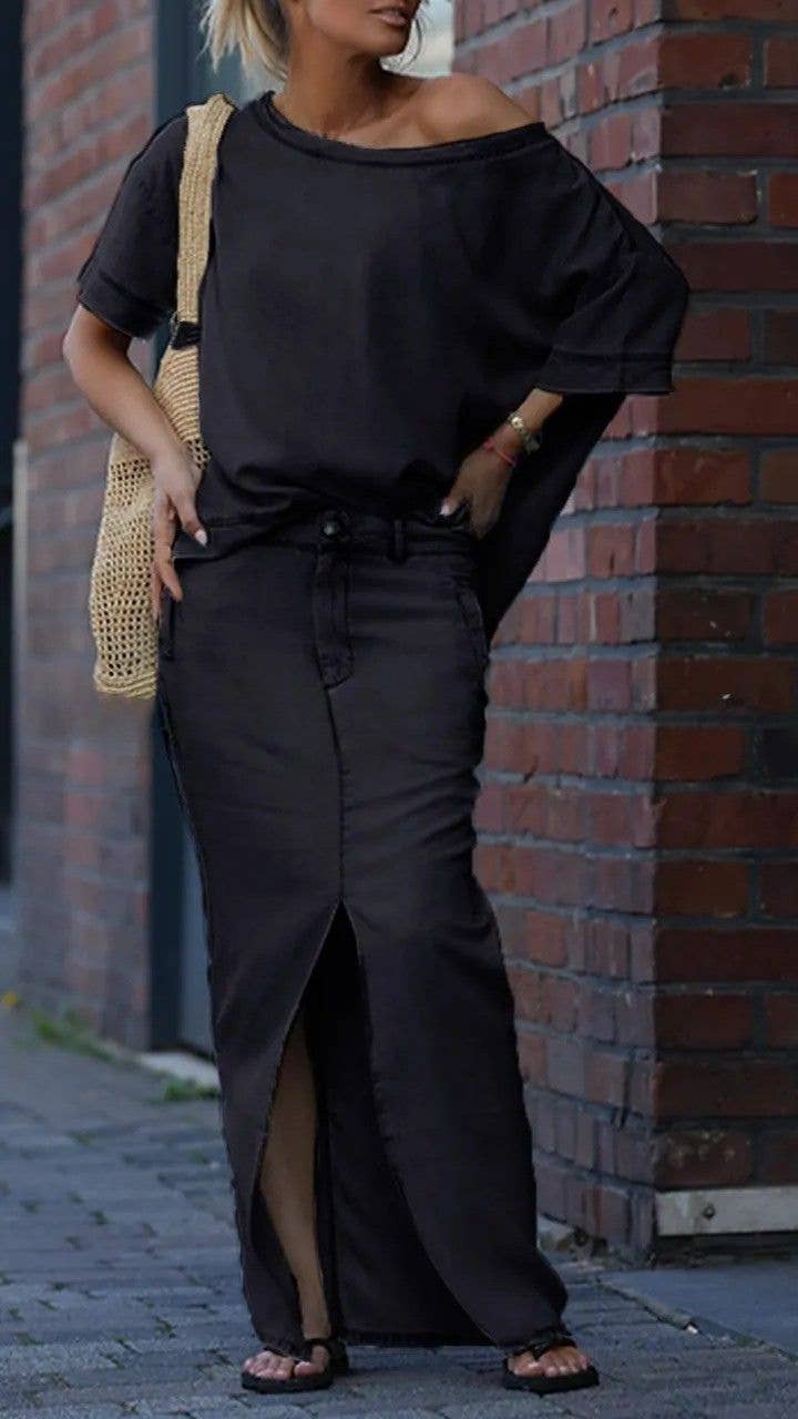 EmberLoom - Vente Ensemble haut et jupe - Femme - Ensemble haut à épaules dénudées et jupe fendue à l'avant5