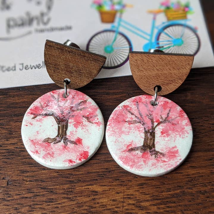 Cherry Blossom Dangle Earrings with Wooden Accent for wholesale by With Clay & Paint