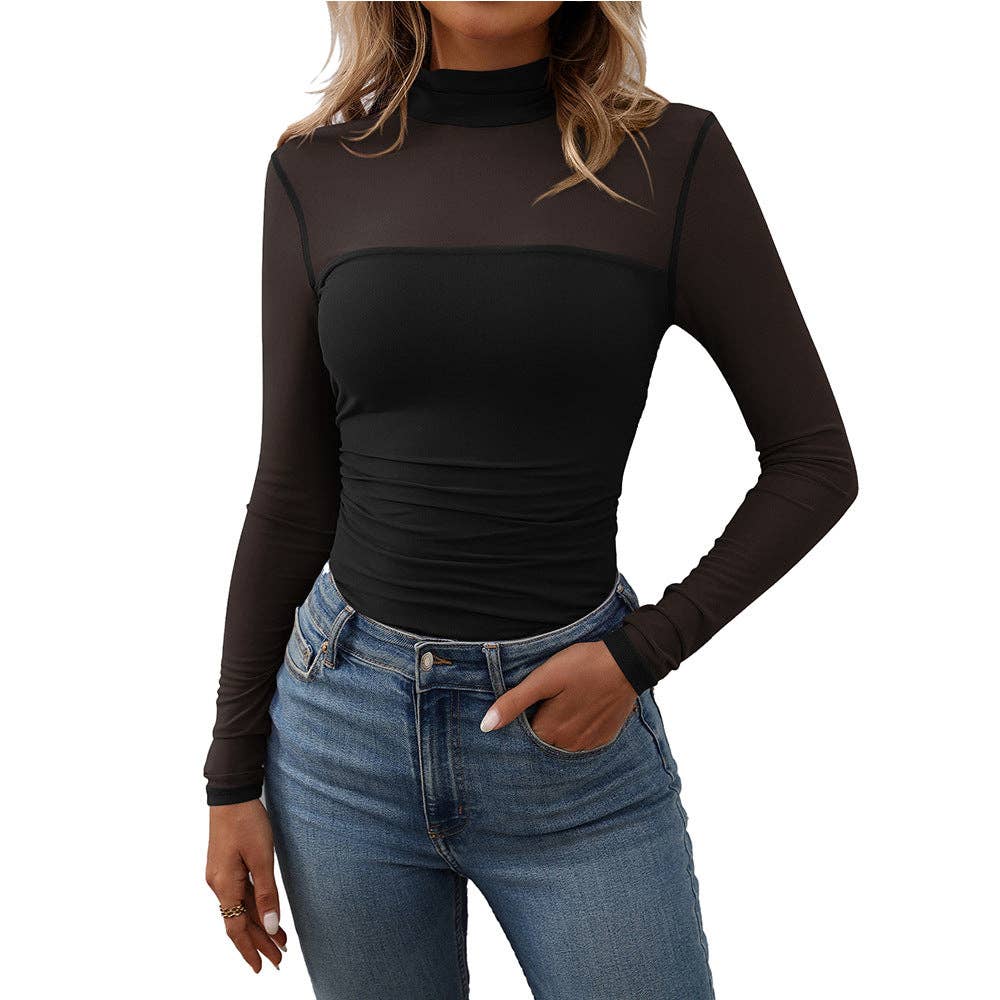 Lovesoft - Wholesale Knit Top - Women's - Women's Half High Neck Sheer Long Sleeve Sexy Y2K Mesh Top0