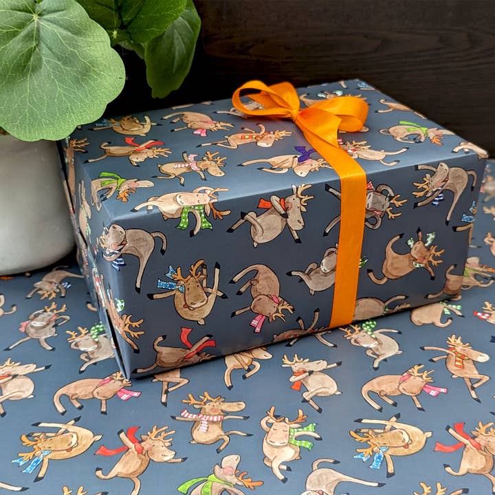 Hes Designs - Wholesale Flat Wrap - Christmas dancing Reindeer gift wrap, Quirky wrapping paper2