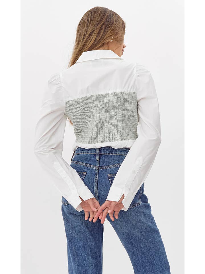 Mint White Nora Smocked Linen Shirt for wholesale on Faire