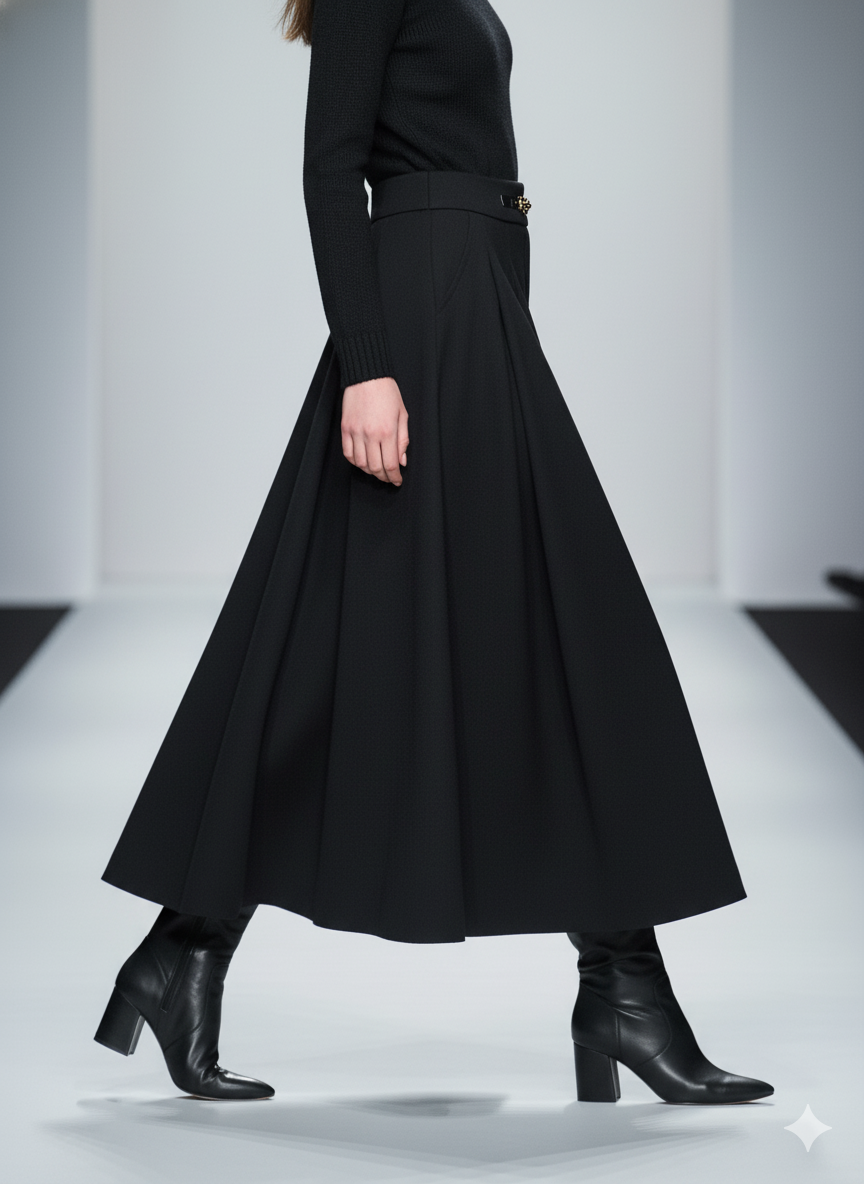 Black A-Line Skirt Wool Look Pleated Midi for wholesale on Faire2