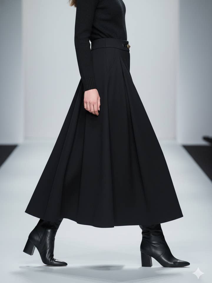 Negro Falda línea A de lana con pliegues midi de venta al por mayor en Faire2